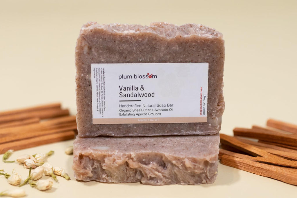 VANILLA SANDALWOOD Exfoliating Shea Butter Soap Bar - Plum Blossom Apothecary