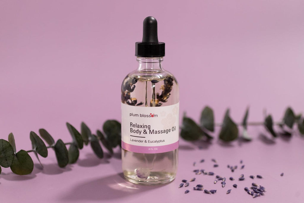 RELAXING Lavender Eucalyptus Coconut Macadamia Massage Body Oil - Plum Blossom Apothecary
